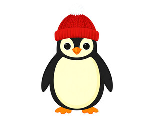 Fototapeta premium Cartoon Penguin Wearing Red Winter Hat, Standing Front View, Transparent Background