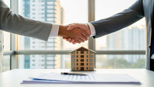 Two business professionals shaking hands with a model house on the table, symbolizing a successful real estate agreement or partnership.