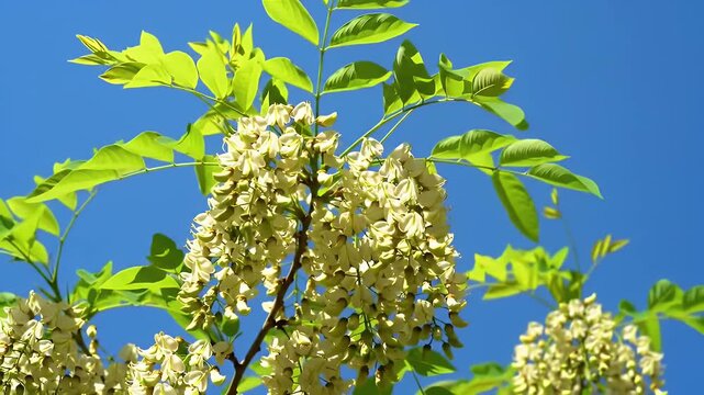 Lush White Flowers and Green Leaves Against a Vibrant Blue Sky in Sunlight