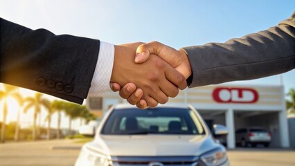 Two individuals shake hands in front of a car dealership, symbolizing a successful business agreement or sale.