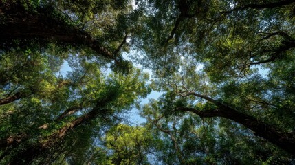 Fototapeta premium Forest canopy from below, leaves rustling in the breeze and sky peeking through the treetops 