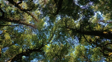 Obraz premium Forest canopy from below, leaves rustling in the breeze and sky peeking through the treetops 