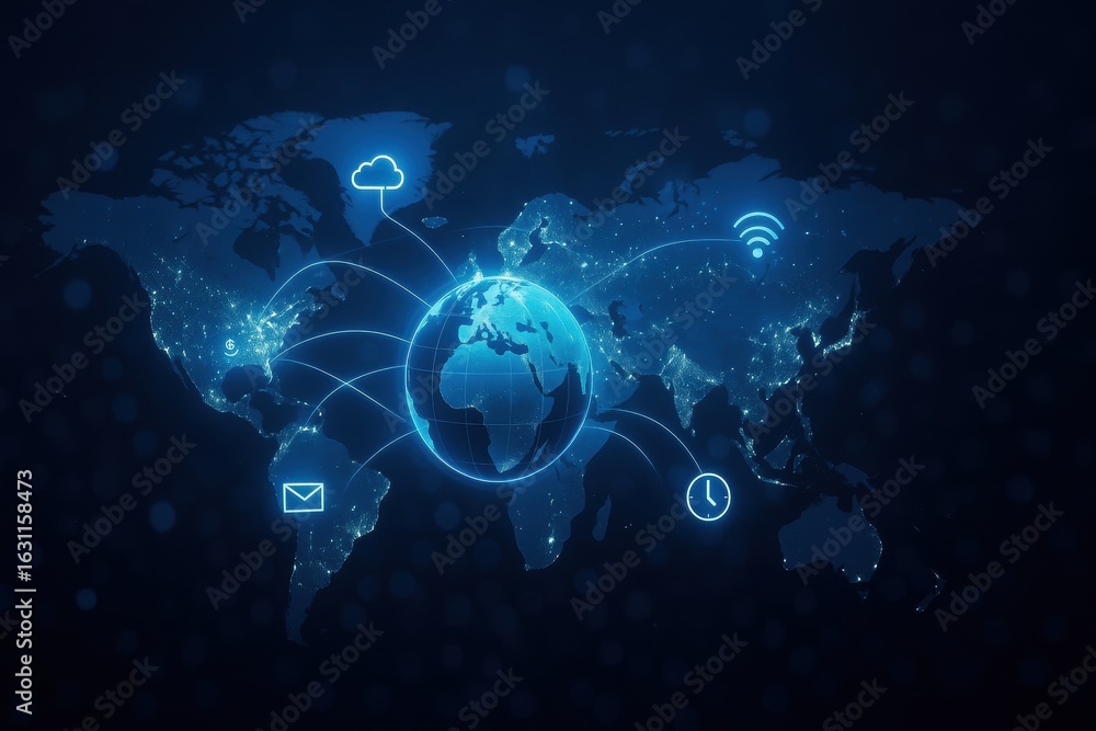 Poster tariff. digital map of the world with connectivity icons representing communication and technology.