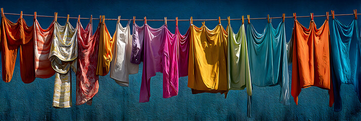A Vibrant Clothesline Display: An Array of Colorful Garments Drying in the Sun, Bringing Cheer and Life to Everyday Household Chores and Outdoor Spaces