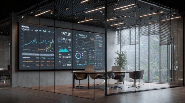 Modern Glass Conference Room with Stock Market Data Displays for Business Meetings and Financial Analysis - Powered by Adobe
