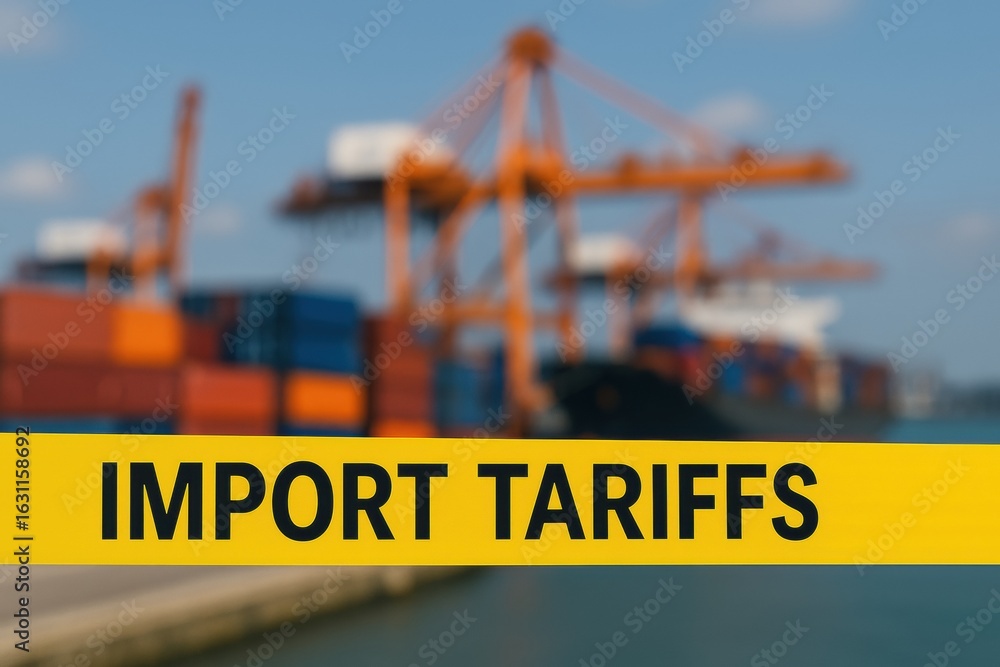 Poster tariff. blurry image of shipping containers with a focus on import tariffs sign.