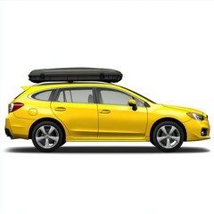 Yellow Station Wagon with Black Cargo Carrier on White Background Profile View