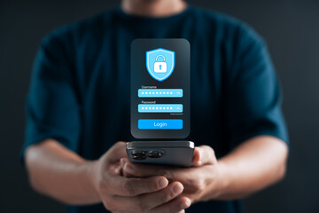 secure login with username and password on smartphone. Man holding mobile device showing virtual...