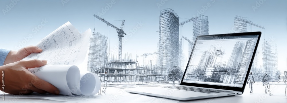 Poster architect examining blueprint on laptop with architectural construction site design in the backgroun