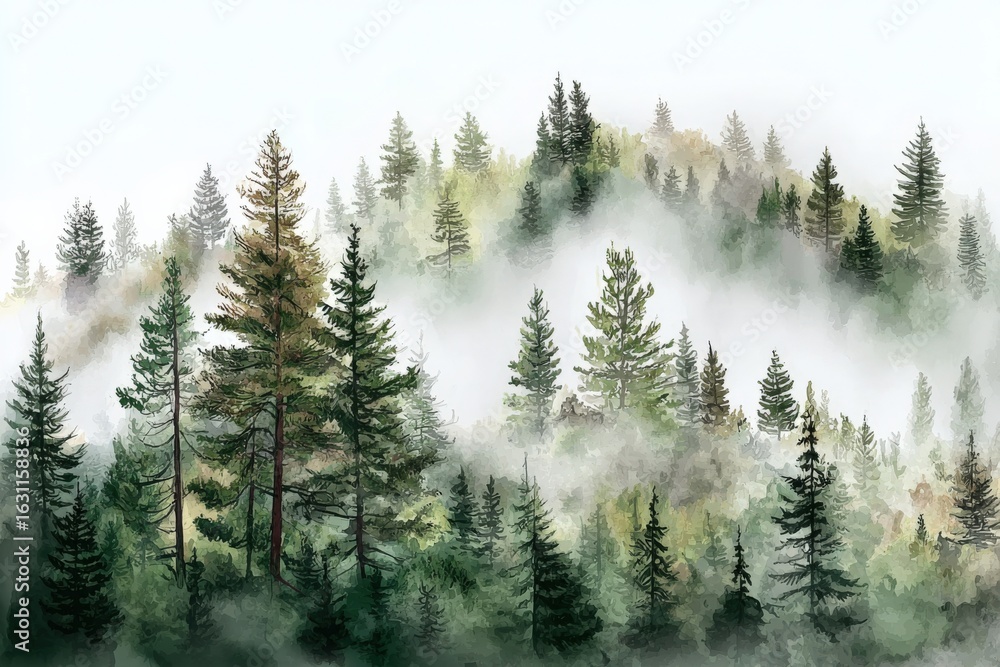 Poster misty evergreen forest landscape with dense fog rolling through coniferous trees, creating a serene 