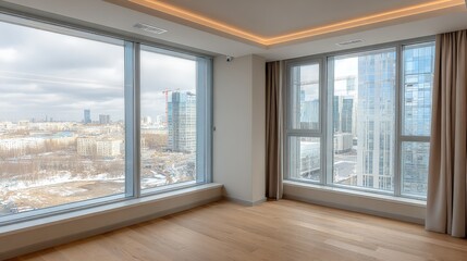 Fototapeta premium Modern Apartment Interior with Large Windows Offering City Views and Natural Light, Featuring Clean Lines and Wooden Floors