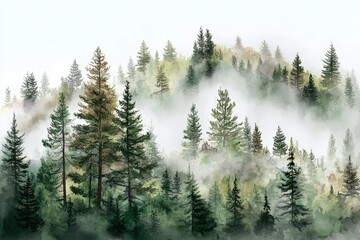 Misty Evergreen Forest Landscape with Dense Fog Rolling Through Coniferous Trees, Creating a Serene Atmosphere