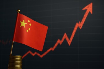 Tariff. Chinese flag on stacked coins with a rising graph, symbolizing economic growth.