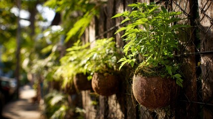 Herbs growing in coconut husk planters hanging along a fence, dappled light and urban vibe