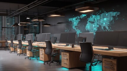 Modern Cyber Security Office Interior with World Map Display and Multiple Computer Screens for Data Analysis