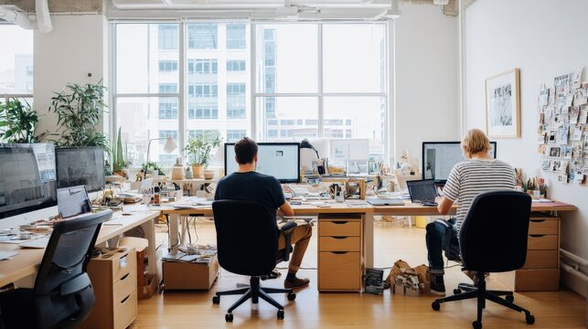Modern Open Office with Creative Professionals Working at Desks by Window, Showcasing Collaboration and Workplace Culture - Powered by Adobe