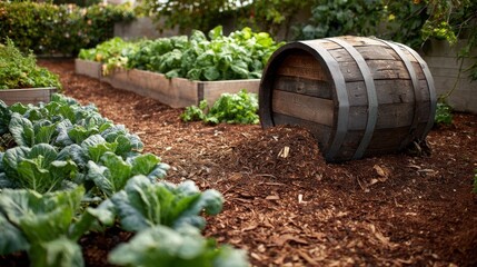 Homemade compost tumbler near raised beds, surrounded by healthy green plants and brown mulch 