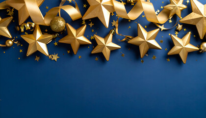 Gold stars with ribbons, and blue background.