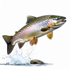 Rainbow Trout Leaping Above Water on White Backdrop with Splashes and Stone