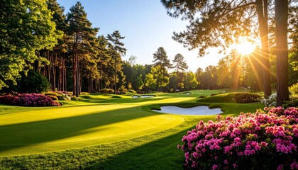 Sunlight shining through trees on the fairway of augusta golf club creating a peaceful atmosphere
