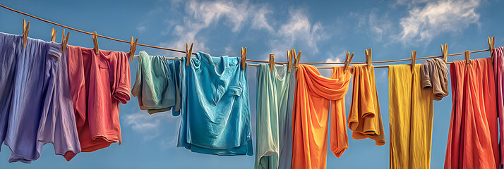 A Vibrant Clothesline Display: An Array of Colorful Garments Drying in the Sun, Bringing Cheer and Life to Everyday Household Chores and Outdoor Spaces