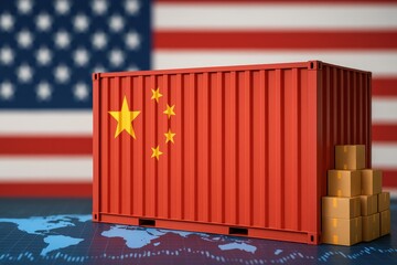 Tariff. Shipping container with Chinese flag against American flag background, symbolizing trade relations.
