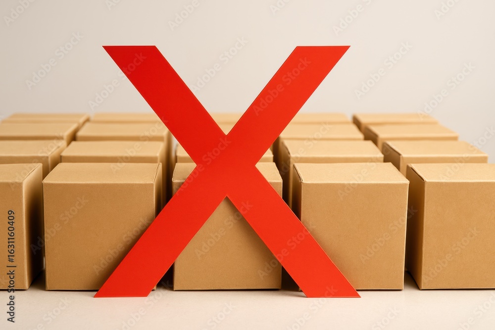 Poster tariff. red 'x' symbolically rejecting cardboard boxes in a minimalistic arrangement.