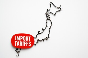 Tariff. A wire outline of Japan with a bold red "Import Tariffs" label prominently displayed.