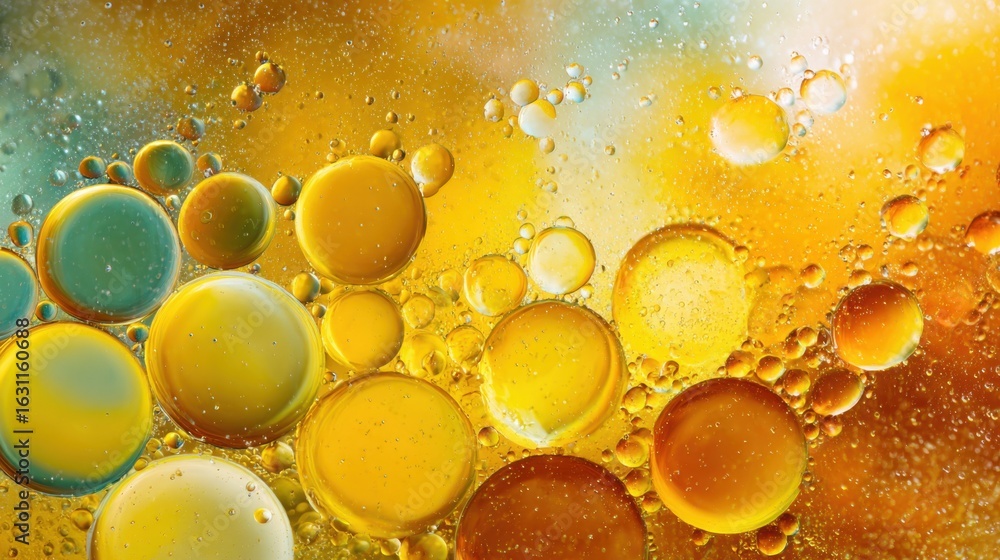 Poster bubbles of varying sizes float within a colorful liquid, showcasing shades of yellow and teal. the i