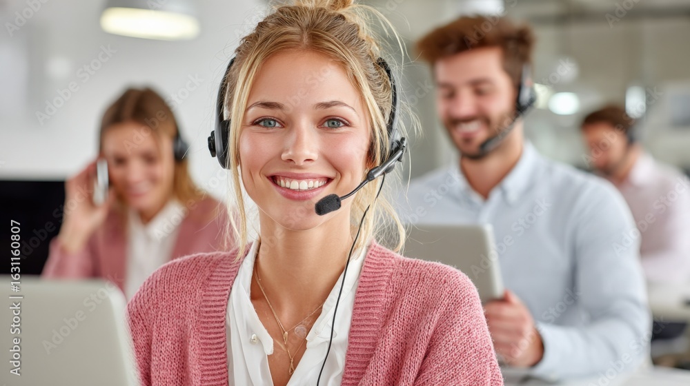 Poster smiling customer service representative with headset in a busy call center environment