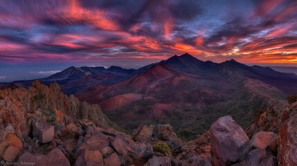 Naklejka premium Breathtaking sunset over mountain peaks national park landscape photography natural environment panoramic view serenity