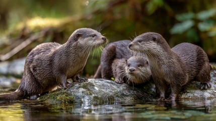 Obraz premium Otter family playing on a rock beside a clear stream in the heart of the forest 