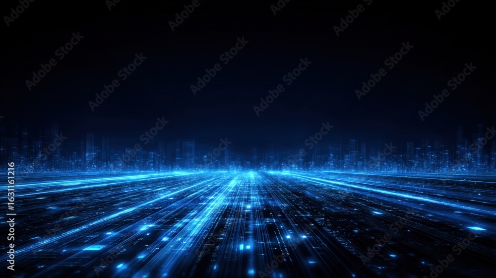 Poster futuristic digital cityscape: glowing blue network connection data flow abstract visualization