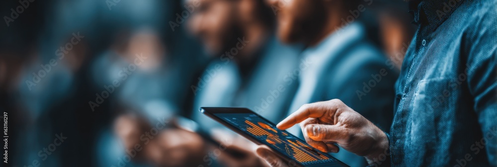 Poster business professionals using digital tablets for data analysis and collaboration in modern office se
