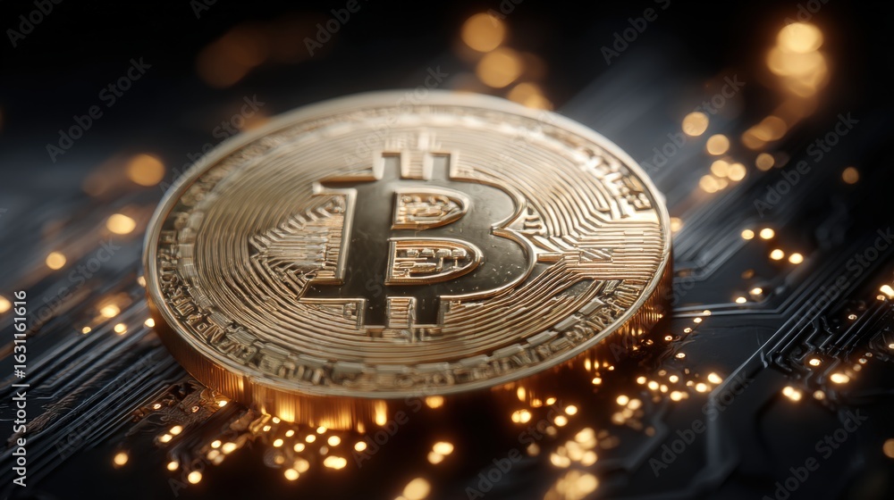 Poster cryptocurrency coin on circuit board: digital currency, financial technology, and secure blockchain 