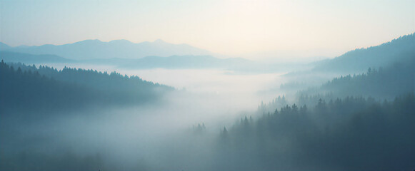 Fototapeta premium Dynamic diagonal lines of fog across a serene misty landscape, leading viewer's eye to distant mist-covered mountains. Dramatic early morning light enhances the sense of mystery and wonder. Shot with 