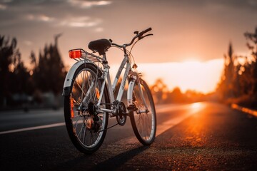 Fototapeta premium Vintage Bicycle on Road at Sunset: Freedom, Adventure, and Sustainable Transportation Concept