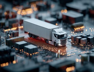 Modern Truck Transport on Circuit Board Illustrating Advanced Logistics and Technology Integration for Supply Chain