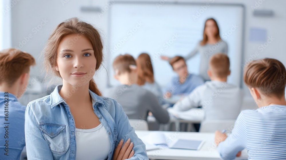 Poster confident student in classroom setting with teacher and classmates engaged in learning