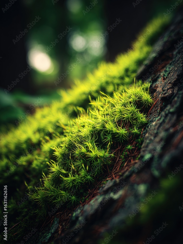 Aufkleber lush green moss growing on a tree trunk in a forest with soft bokeh background