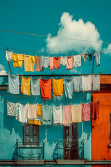 A Vibrant Clothesline Display: An Array of Colorful Garments Drying in the Sun, Bringing Cheer and Life to Everyday Household Chores and Outdoor Spaces