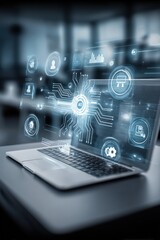 Laptop Displaying a Futuristic Interface with Glowing Icons Representing Technology, Networking, and Communication in a Workspace