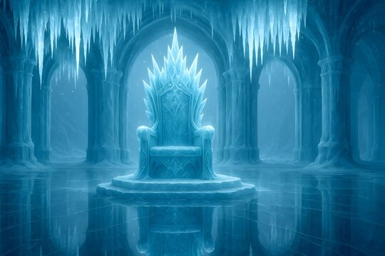 Ice Throne in Icy Cavern with Icicles and Arches
