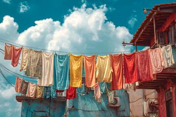 A Vibrant Clothesline Display: An Array of Colorful Garments Drying in the Sun, Bringing Cheer and Life to Everyday Household Chores and Outdoor Spaces