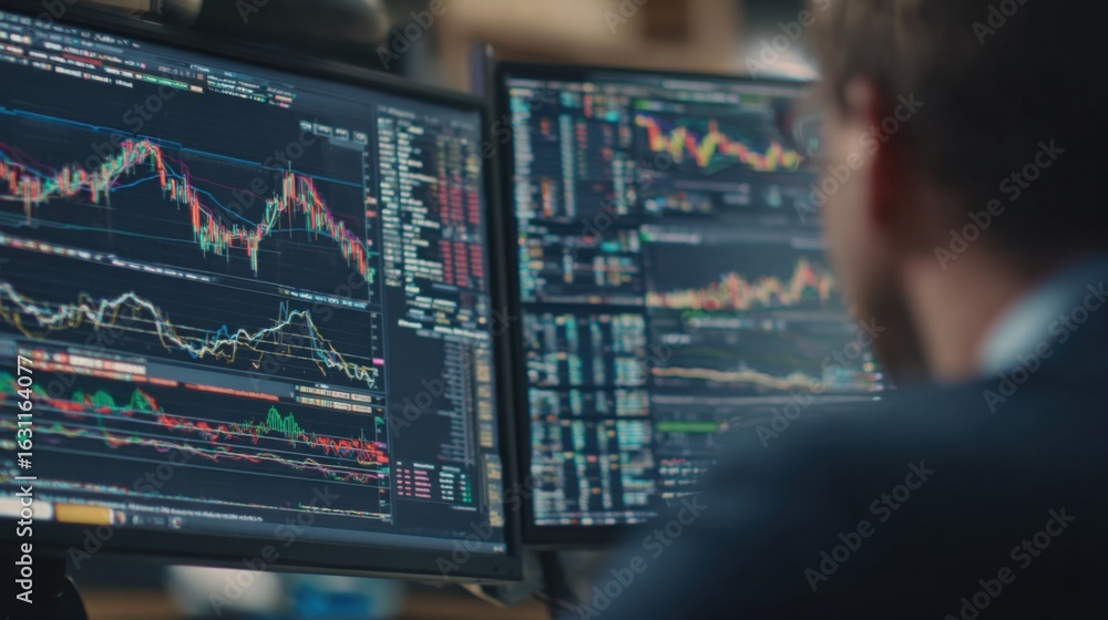 Poster financial analyst examining stock market data on multiple computer screens for investment strategy