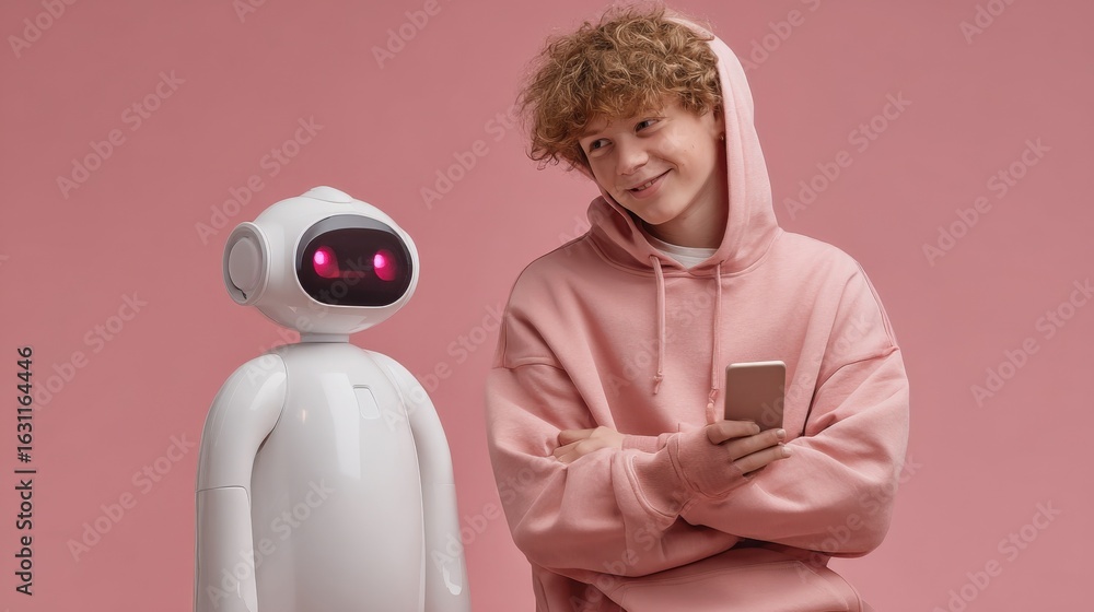Poster boy with smartphone smiling at white robot: future tech, ai interaction, child and robot