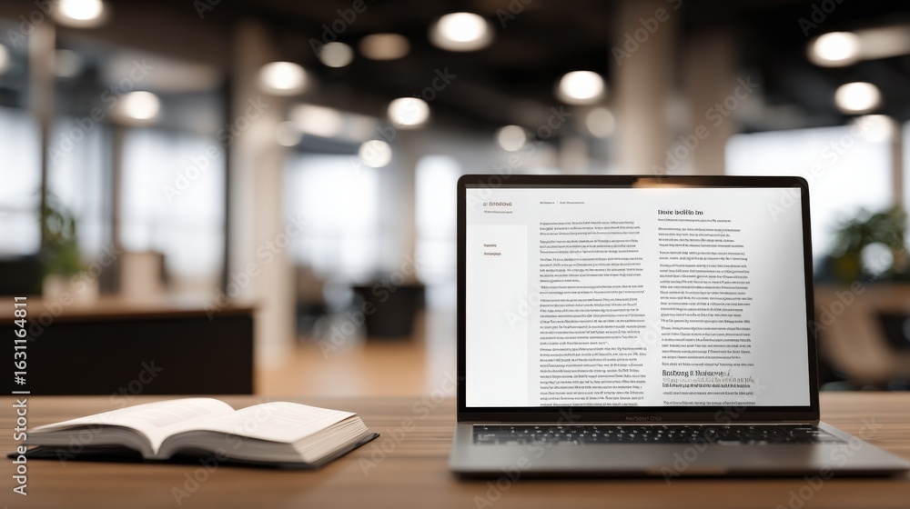 Poster laptop displaying text document on wooden desk in modern office setting with book
