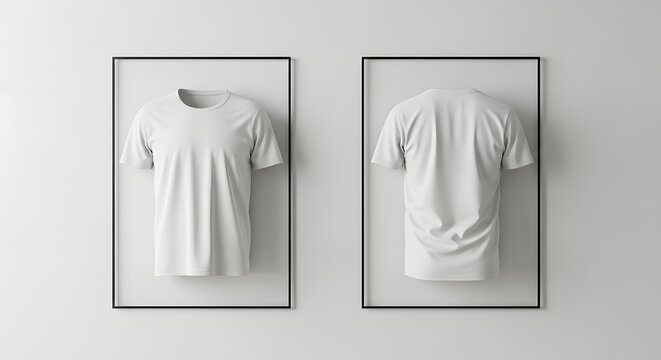 Minimalist white t-shirt mockup with front and back views presented in frames for apparel design and branding