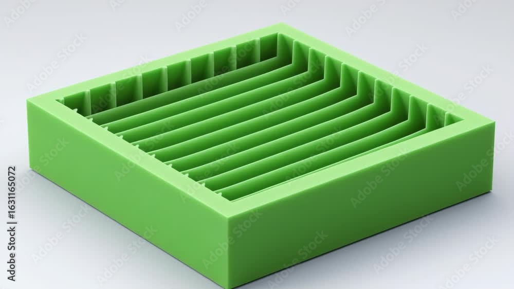 Poster air filter mechanism and pollution concept, 3d model of a green box with internal ridges and a textu