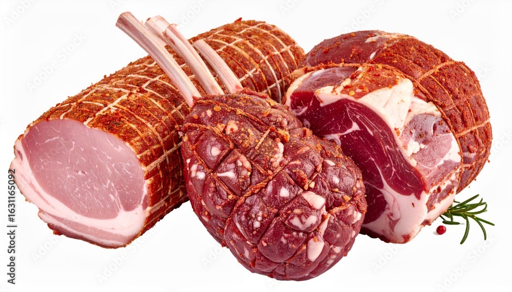 Poster Assorted Raw Meats in Close Up Featuring Red Beef Pork and Lamb Cuts on a White Background